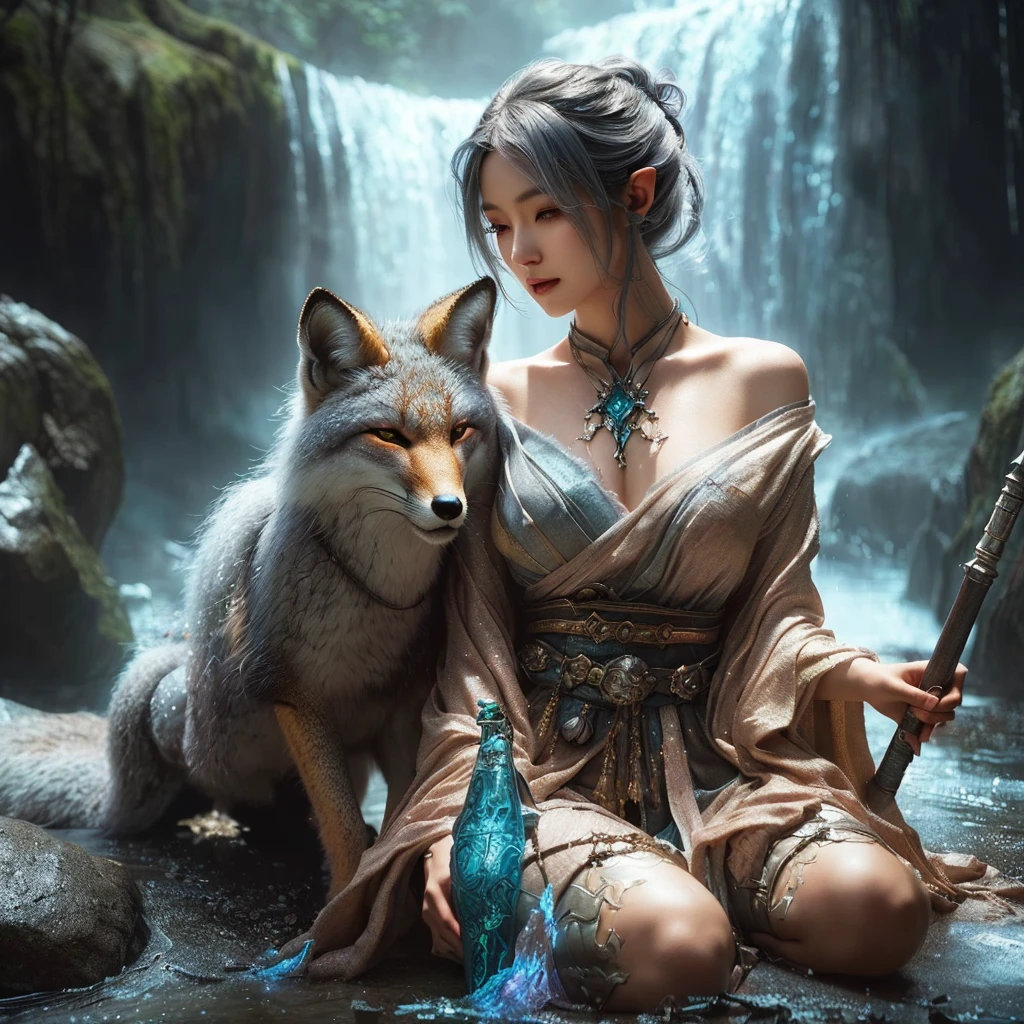 An elven woman sitting on the ground with a gray fox beside her, wlop and ross tran, Ross Tran and WLOP, realistic fantasy photography, Surreal fantasy art, Digital fantasy art ), Fantasy art style, Beautiful digital art, Realistic fantasy painting, trending Digital fantasy art, Realistic fantasy art, realistic fantasy render, Breathtaking fantasy art