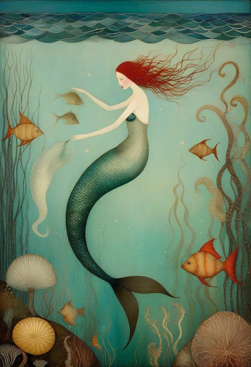 Art style by Klimt, Sam Toft, Florine Stettheimer, Dina Wakley, Catrin Welz-Stein, Gabriel Pacheco, Elisabeth Fredriks. A mermaid turns into a woman and swims with her legs. sea bottom, fish and seahorses.
