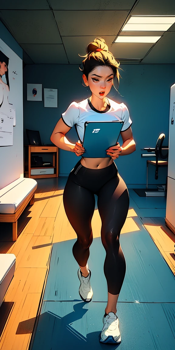 A 3D anime girl running on a treadmill while reading and learning on a tablet. The girl has vibrant, colorful hair and wears sporty workout clothes. The treadmill is in a modern, well-lit room with a motivational poster on the wall. The tablet is held securely in front of her, and she is focused on it, multitasking between her physical exercise and her studies.