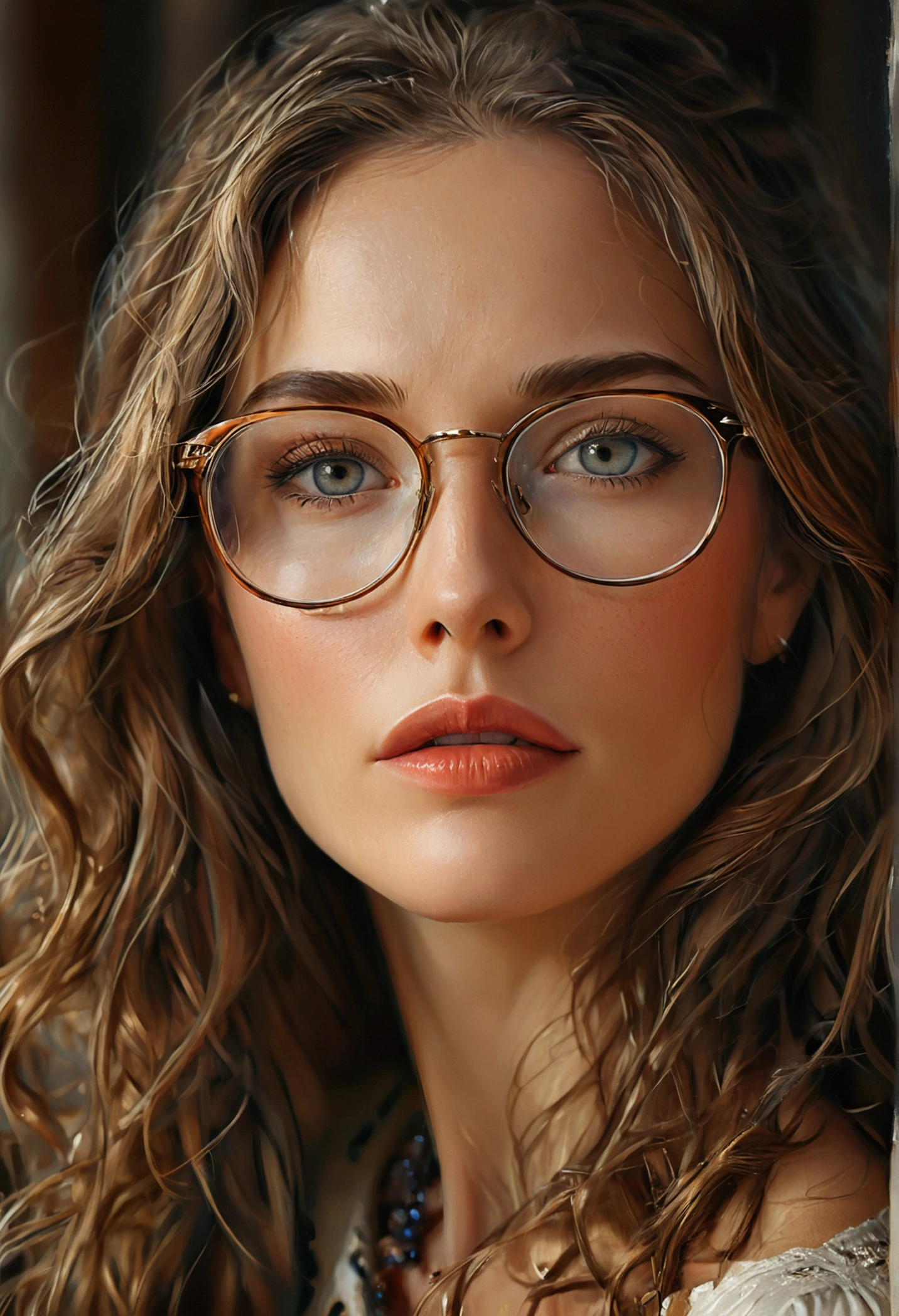 a 40 year old woman with long light brown hair and glasses, beautiful detailed eyes, beautiful detailed lips, extremely detailed eyes and face, long eyelashes, elegant expression, serene, beautiful hair and skin, intricate details, warm lighting, cinematic, high quality, photorealistic, digital painting, vibrant colors, soft focus, depth of field, masterpiece