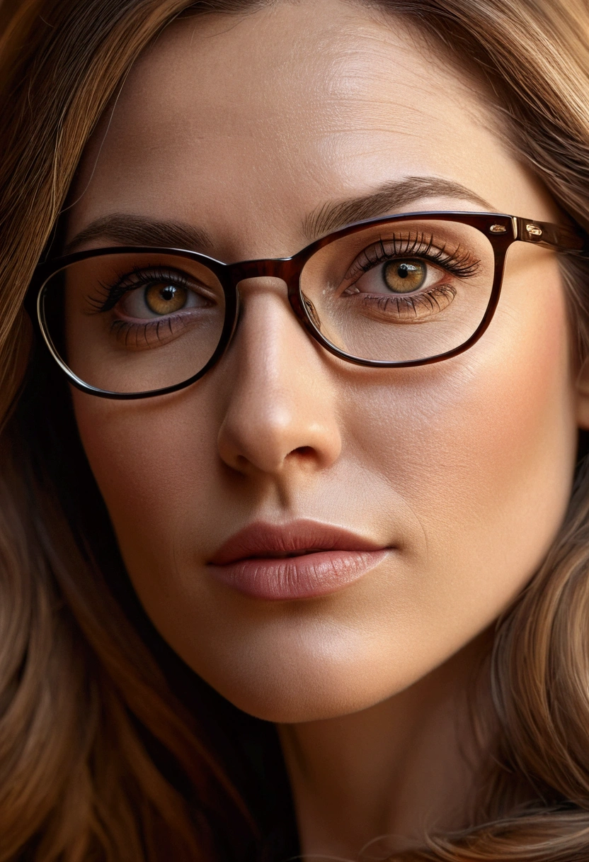 a 40 year old woman with long light brown hair and glasses, beautiful detailed eyes, beautiful detailed lips, extremely detailed eyes and face, long eyelashes, elegant expression, serene, beautiful hair and skin, intricate details, warm lighting, cinematic, high quality, photorealistic, digital painting, vibrant colors, soft focus, depth of field, masterpiece
