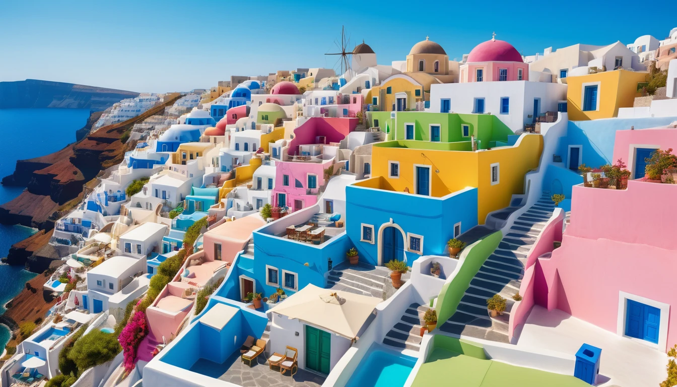 aerial front view Santorini Greece, multi color house blue cyan pink green yellow red, daylight, Mediterranean landscape, Greek fantasy panorama, Greek architecture, Greek fantasy, incredibly beautiful, Greek style, Mediterranean city, breathtaking image, masterpiece artwork, 8k, 16k, best quality, high detail, high quality, super detail, high resolution hyper realistic, 8K, photorealistic, extreme detail, ( best quality, 4k, 8k, high resolution, masterpiece: 1.5), ultra detailed, (realistic, photorealistic, photo-realistic: 1.5)