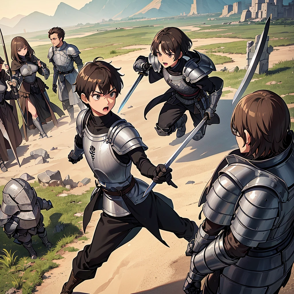 Best illustrations、Best Quality、(((Simple grey armor、Black trousers、Black gloves、Short Hair、Brown Hair、20 year old man)))、(((Grab the sword、Get Ready)))、(Old ruins、desert。Grass)、Fall to the floor、(Black, muddy swamp)、(仮面の中世の騎士が10 people)、(get annoyed、Open your mouth、Get angry)、(lots of medieval knights、10 people)、battlefield、(From above at an angle)、(White background)