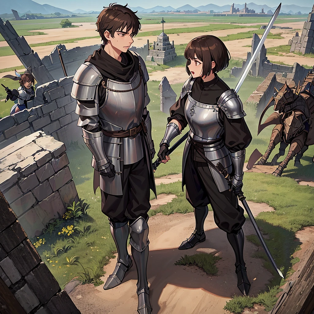 Best illustrations、Best Quality、(((Simple grey armor、Black trousers、Black gloves、Short Hair、Brown Hair、20 year old man)))、(((Grab the sword、Get Ready)))、(Old ruins、desert。Grass)、Fall to the floor、(Black, muddy swamp)、(仮面の中世の騎士が10 people)、(get annoyed、Open your mouth、Get angry)、(lots of medieval knights、10 people)、battlefield、(From above at an angle)、(White background)
