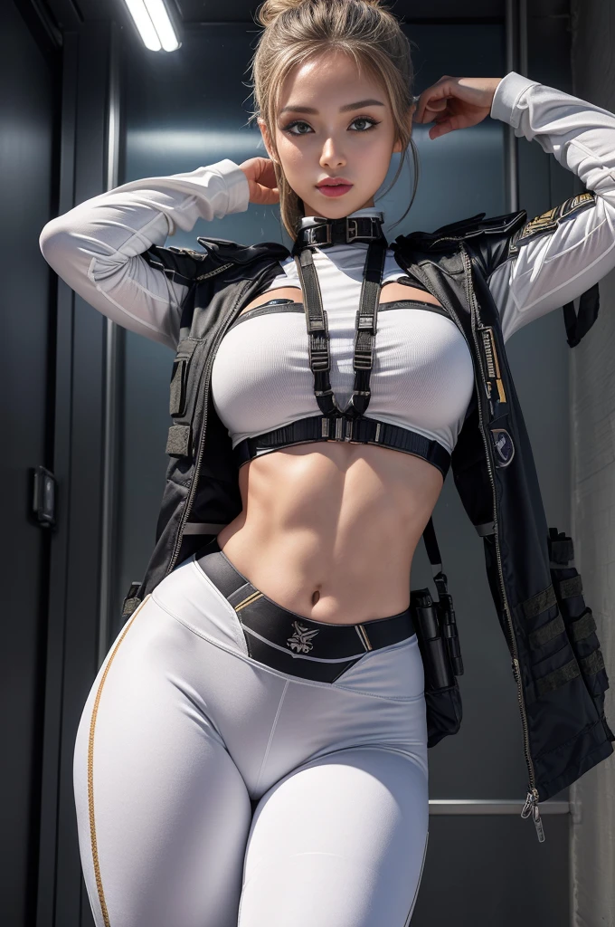 (Highest image quality, Outstanding details, Ultra-high resolution), 1 girl, Set((Futuristic military clothing inspired by white yoga pants, Military wiring harness, Military equipment，For example, military pouches, )), (Attractive figure, Curvy body, Fit body, Tight abs), background(At military bases), (Dynamic poses)