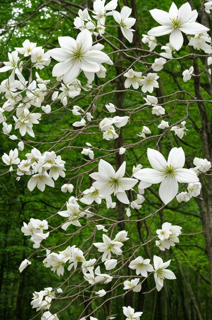 there are many white flowers hanging from a tree in the forest, a stipple by Chen Lin, flickr, art nouveau, exotic alien flora, extremely beautiful and ethereal, long wispy tentacles, beautiful!!!!!!!!!, beautiful natural forms, flowers with very long petals, lots of weird alien plants, alien plant, beautiful plants, really beautiful nature, strange flora, strange vegetation