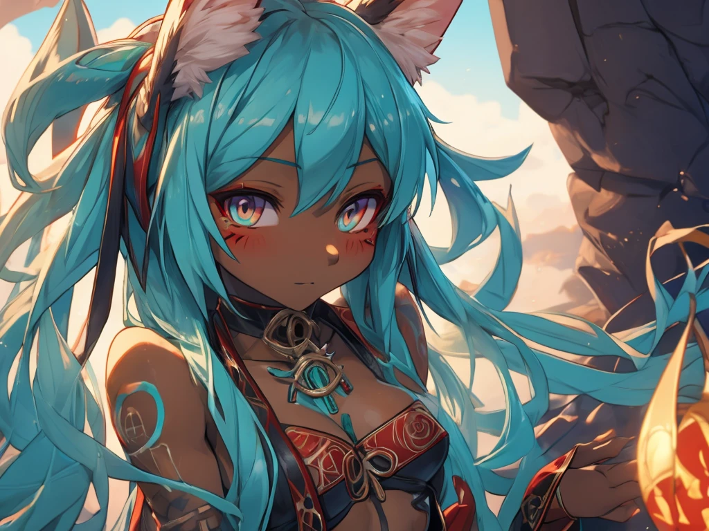 Miku Hatsune,Arabic, tanned skin, High Definition, kitsune ears, tribal tattoo, shy girl, Small breasts add_detail 