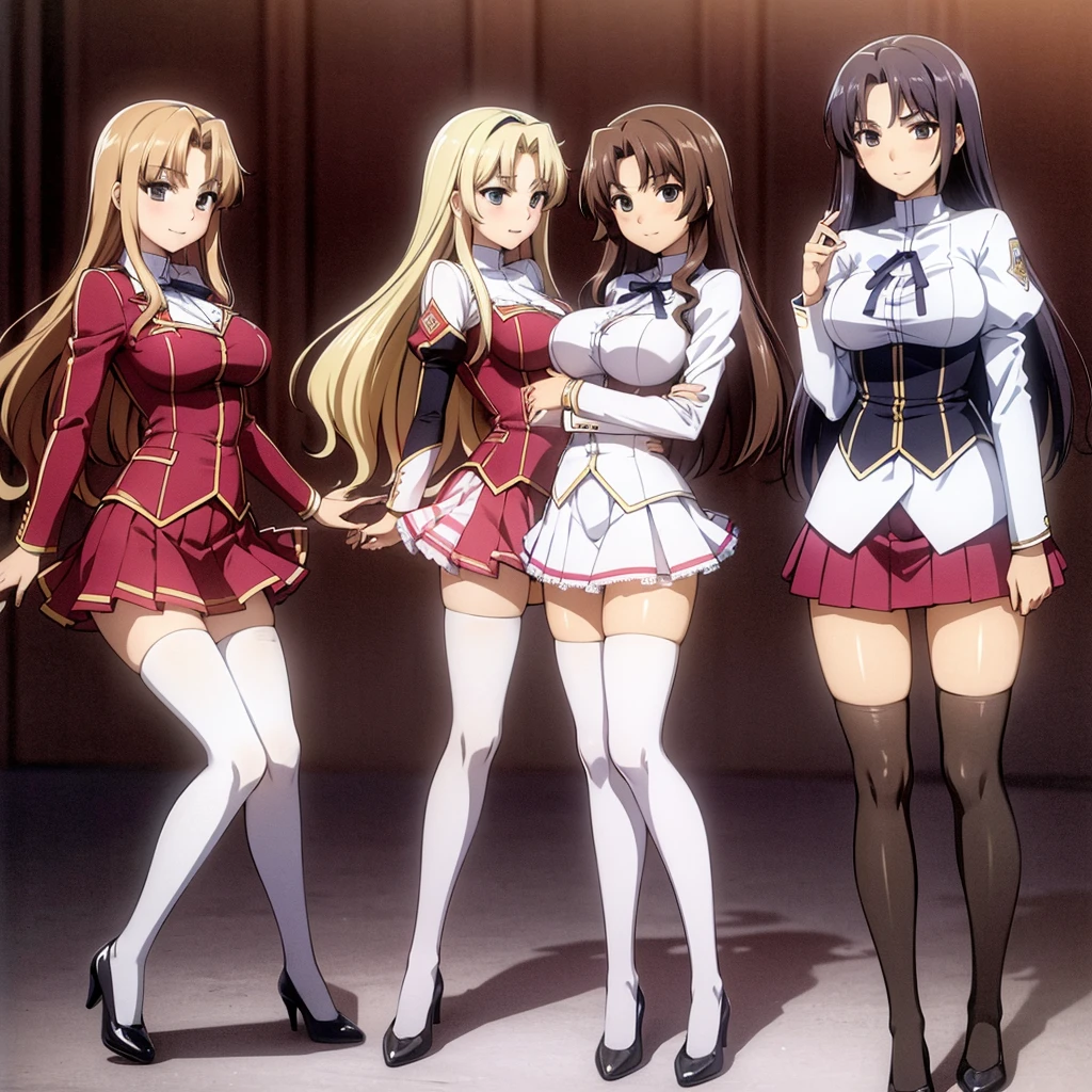 Masterpiece, high quality, 3girls, duo, identical twins, identical sisters, brown hair, curly hair, matching hairstyles, hazel eyes, medium sized bust, (school uniform, sexy school uniform, blazer, lace section, ribbon, rainbow short skirt, white thigh-high socks, black high heels, matching outfits), smile, flat_colour, full body, seductive pose, Duo pose: From the side angle, people's body curves are beautiful.
hugged from the side