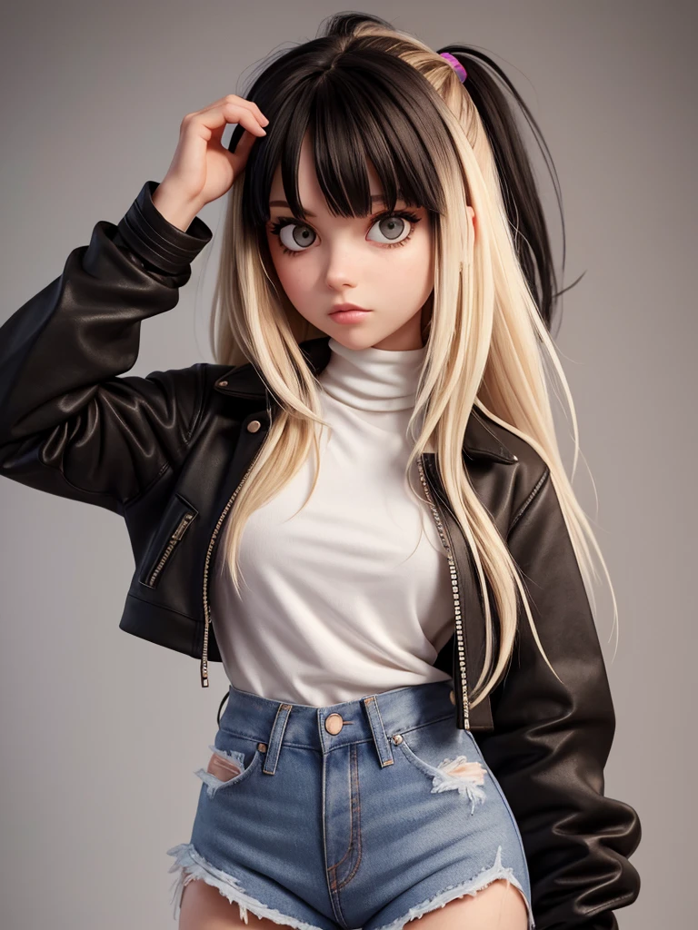 (best quality), 1girl, female, pale skin, (black hair), blonde ombre, medium hair, messy hair, messy bangs, hair over eyes, (brown eyes), perfect eyes, dark circles under eyes, skinny body, flat chest, goth girl, oversized jacket, turtleneck, ripped jeans, childish, masterpiece, anatomically correct, highres