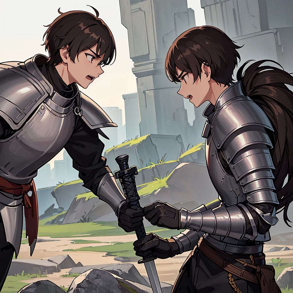Best illustrations、Best Quality、(((Simple grey armor、Black trousers、Black gloves、Short Hair、Brown Hair、20 year old man)))、(((Grab the sword、Get Ready)))、(Old ruins、desert。Grass)、Fall to the floor、(Black, muddy swamp)、(仮面の中世の騎士が10 people)、(get annoyed、Open your mouth、Get angry)、(lots of medieval knights、10 people)、battlefield、(From the side、profile)、(White background)