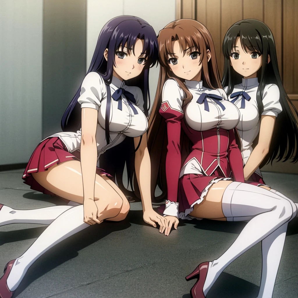 Masterpiece, high quality, 3girls, duo, identical twins, identical sisters, brown hair, curly hair, matching hairstyles, hazel eyes, medium sized bust, (school uniform, sexy school uniform, blazer, lace section, ribbon, rainbow short skirt, white thigh-high socks, black high heels, matching outfits), smile, flat_colour, full body, seductive pose, Duo pose: From the side angle, people's body curves are beautiful.
hugged from the side