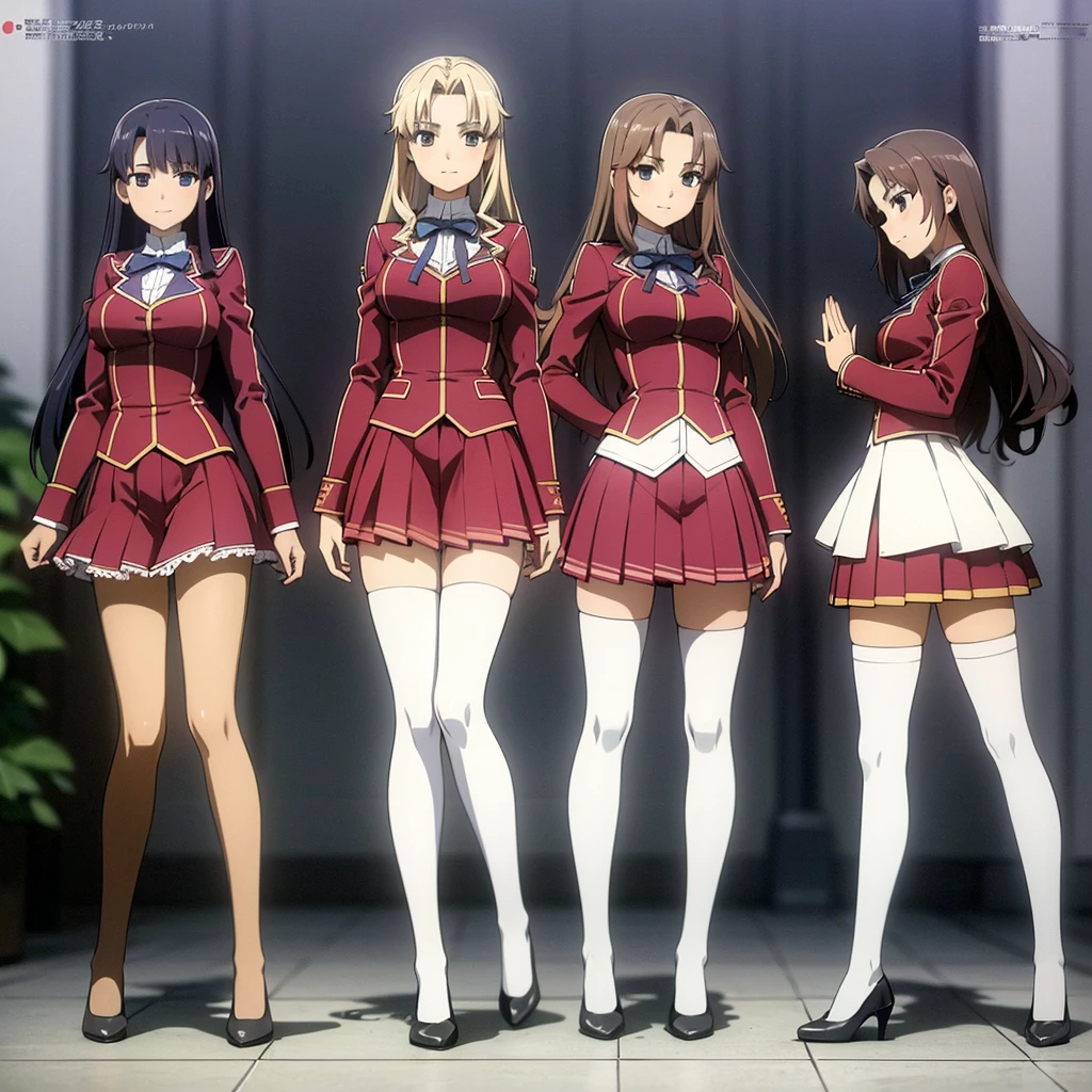 Masterpiece, high quality, 3girls, duo, identical twins, identical sisters, brown hair, curly hair, matching hairstyles, hazel eyes, medium sized bust, (school uniform, sexy school uniform, blazer, lace section, ribbon, rainbow short skirt, white thigh-high socks, black high heels, matching outfits), smile, flat_colour, full body, seductive pose, Duo pose: From the side angle, people's body curves are beautiful.
hugged from the side