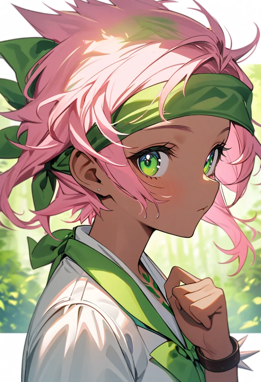 " girl with short spiky pink hair and vibrant green eyes,Sun-kissed skin, athletic build.white skirt, white blazer,green bow tie,leather bracelet, a bandana on her head,Lively and adventurous expression,portrait,front profile ,green tattoo,hand distant from the viewer,cute green forest spirit aura,