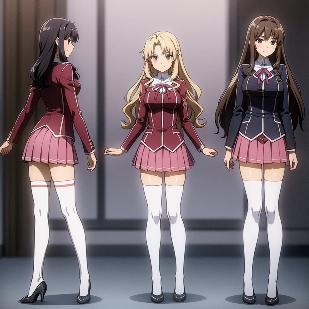 Masterpiece, high quality, 3girls, duo, identical twins, identical sisters, brown hair, curly hair, matching hairstyles, hazel eyes, medium sized bust, (school uniform, sexy school uniform, blazer, lace section, ribbon, rainbow short skirt, white thigh-high socks, black high heels, matching outfits), smile, flat_colour, full body, seductive pose, Duo pose: From the side angle, people's body curves are beautiful.
hugged from the side