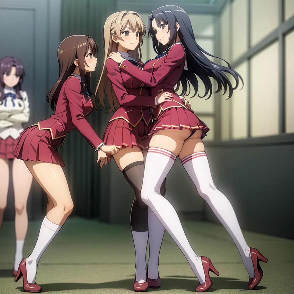 Masterpiece, high quality, 3girls, duo, identical twins, identical sisters, brown hair, curly hair, matching hairstyles, hazel eyes, medium sized bust, (school uniform, sexy school uniform, blazer, lace section, ribbon, rainbow short skirt, white thigh-high socks, black high heels, matching outfits), smile, flat_colour, full body, seductive pose, Duo pose: From the side angle, people's body curves are beautiful.
hugged from the side