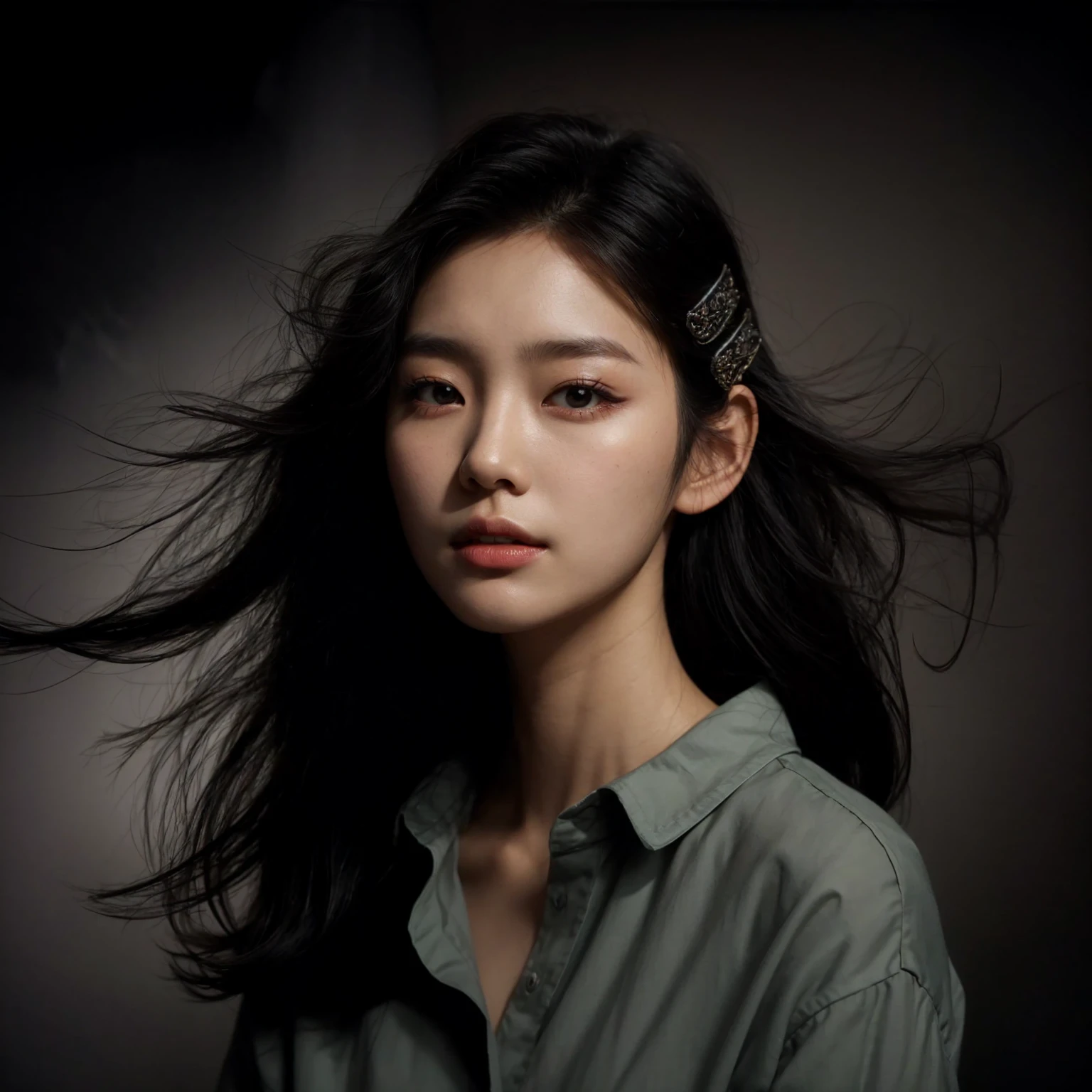 Create a portrait of a young korean woman, flowing black hair, set against a dark, smoky background. She is wearing a sage, button-up shirt and has a poised, elegant expression. The woman has a hairpin with intricate designs in her hair, adding a touch of sophistication to her look. The lighting is soft and dramatic, highlighting her facial features and creating a sense of depth and mystery in the composition.