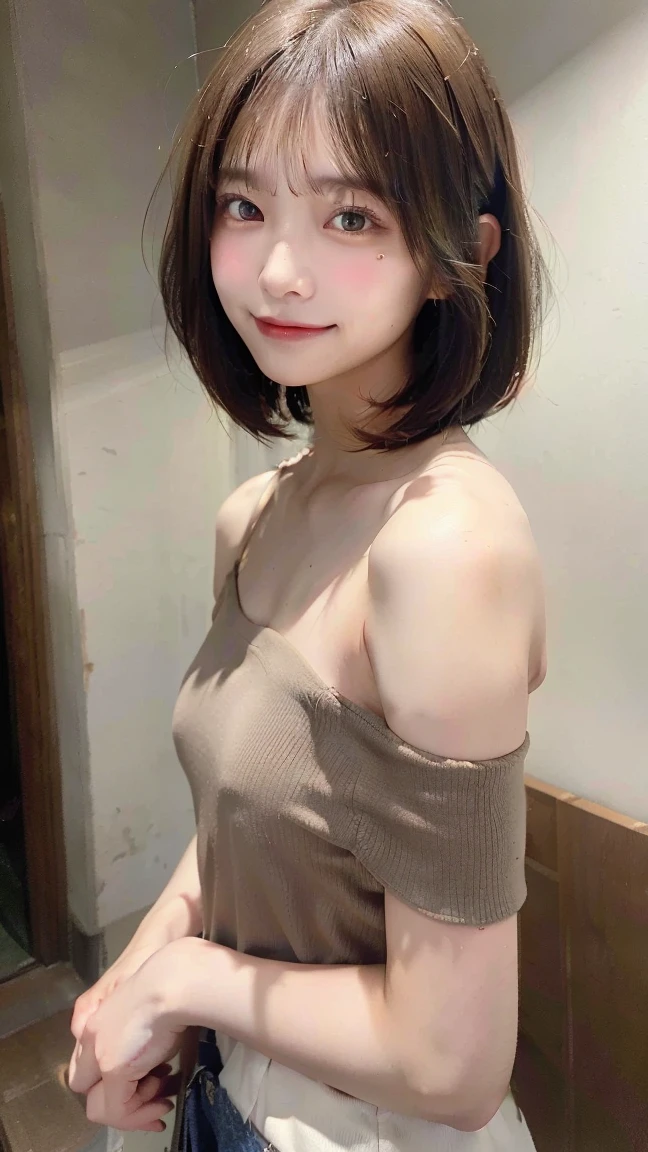 (((Straight shoulder-length brown mini bob hair)))、(((目が細くLight eye makeup)))、(((Standing alone on the rider'Jacket and jeans against the back alleys of Kabukicho at night.)))、(((Please wear clothes that cover your arms..)))、Half Japanese and half Korean、18-year-old girl、independent、Look forward、Light eye makeup、Brown Hair Color、flat 、Hair blowing in the wind、Quality of actress、Shiny, Ultra-realistic faces、smileの表情、Watery eyes、look up、Soothing lighting effects、 Ultra-Realistic Capture、Very detailed、High resolution 16k human skin closeup。Skin texture must be natural、Must be so detailed that pores are visible、skin is healthy、Must be of uniform tone、Use natural light and color、High quality photos taken by modeling agencies'Exclusive photographer、smile