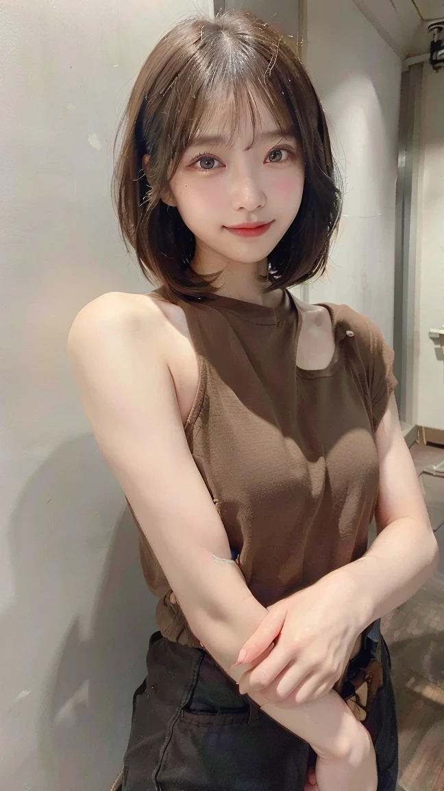 (((Straight shoulder-length brown mini bob hair)))、(((目が細くLight eye makeup)))、(((Standing alone on the rider'Jacket and jeans against the back alleys of Kabukicho at night.)))、(((Please wear clothes that cover your arms..)))、Half Japanese and half Korean、18-year-old girl、independent、Look forward、Light eye makeup、Brown Hair Color、flat 、Hair blowing in the wind、Quality of actress、Shiny, Ultra-realistic faces、smileの表情、Watery eyes、look up、Soothing lighting effects、 Ultra-Realistic Capture、Very detailed、High resolution 16k human skin closeup。Skin texture must be natural、Must be so detailed that pores are visible、skin is healthy、Must be of uniform tone、Use natural light and color、High quality photos taken by modeling agencies'Exclusive photographer、smile