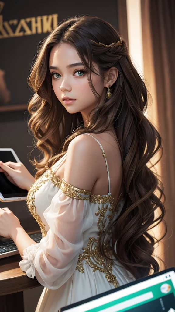 Beautiful woman of Russian nationality, light skin, lush hair, wavy hair, long hair, hair color light brown, brown hair, full girl, round face, chubby cheeks, short neck, broad shoulders, wearing elegant emerald-colored dress, shiny dress with sleeves, holding a graphic tablet, working on the tablet, graphic stylus, looking at the viewer, neon background, blurred background, best quality, realistic style