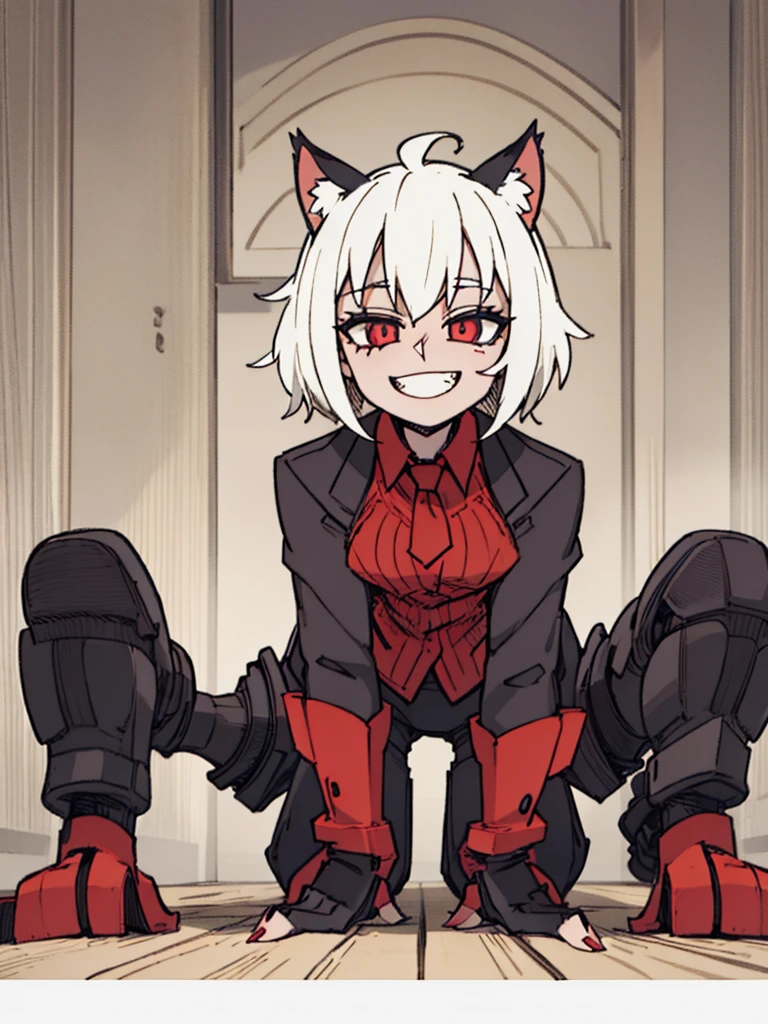 Score_9, score_8_up, score_7_up, score_6_up, gyaru, source_アニメ, 1girl, 独奏, position on all fours looking at the viewer, a cat woman, with cat ears, sharped teeth, a black suit, crazy and malicious smile, olhar malicioso, short and spiky hair, sharp fingernails, smiling.