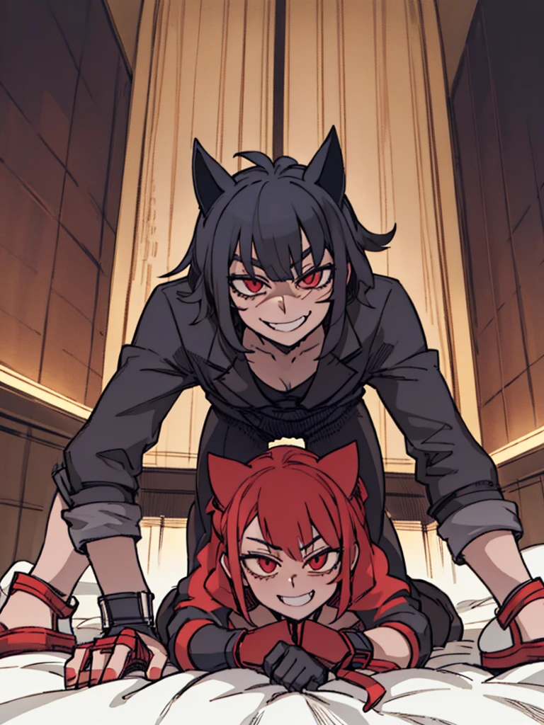 Score_9, score_8_up, score_7_up, score_6_up,  gyaru, source_アニメ, 1girl, 独奏, position on all fours looking at the viewer, a cat woman, with cat ears, sharped teeth, a black suit, crazy and malicious smile, olhar malicioso, short and spiky hair, sharp fingernails, smiling.