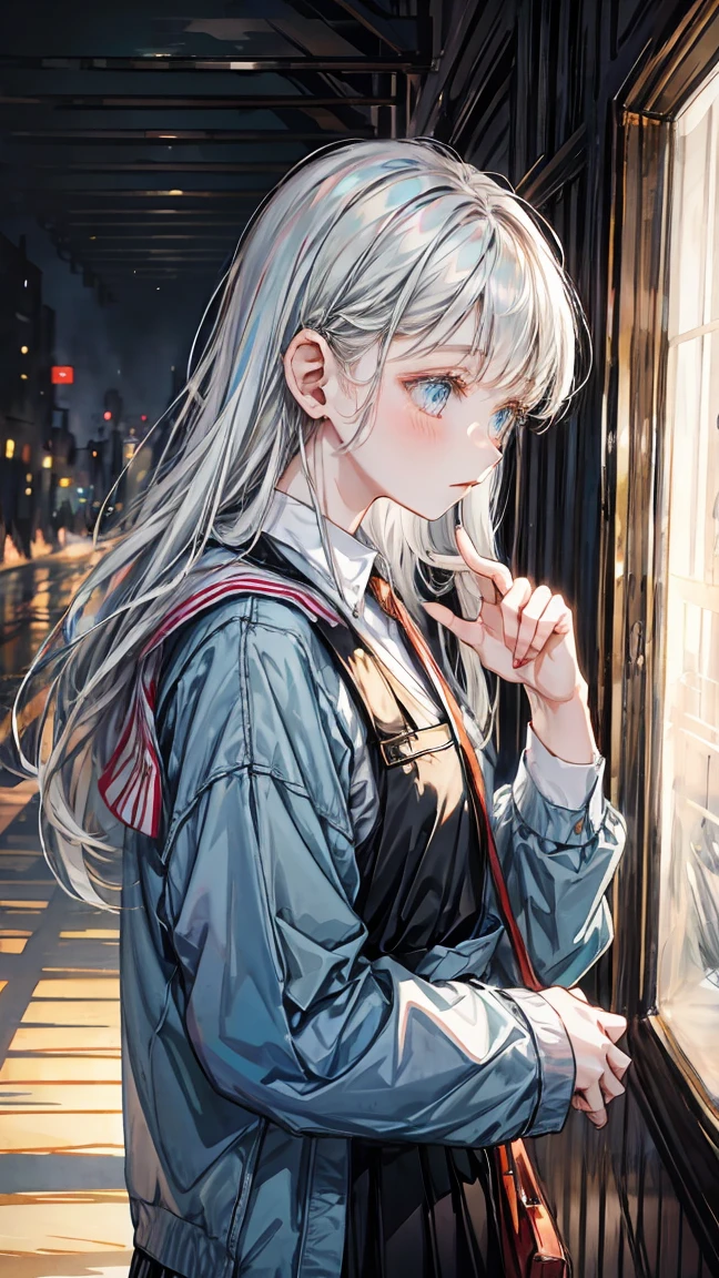 watercolor,girl,One person,uniform,evening,