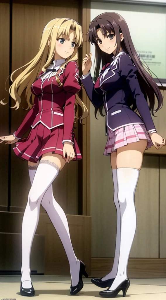 Masterpiece, high quality, 2girls, duo, identical twins, identical sisters, brown hair, curly hair, matching hairstyles, hazel eyes, medium sized bust, (school uniform, sexy school uniform, blazer, lace section, ribbon, rainbow short skirt, white thigh-high socks, black high heels, matching outfits), smile, flat_colour, full body, seductive pose, Duo pose: From the side angle, people&#39;s body curves are beautiful.
hugged from the side