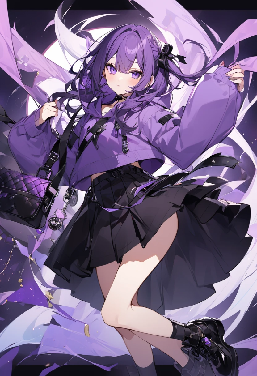 Kate。Purple Eyes。Purple Hair。Purple hoodie。Black Skirt。Black shoes下。Black shoes。Two black ribbons。