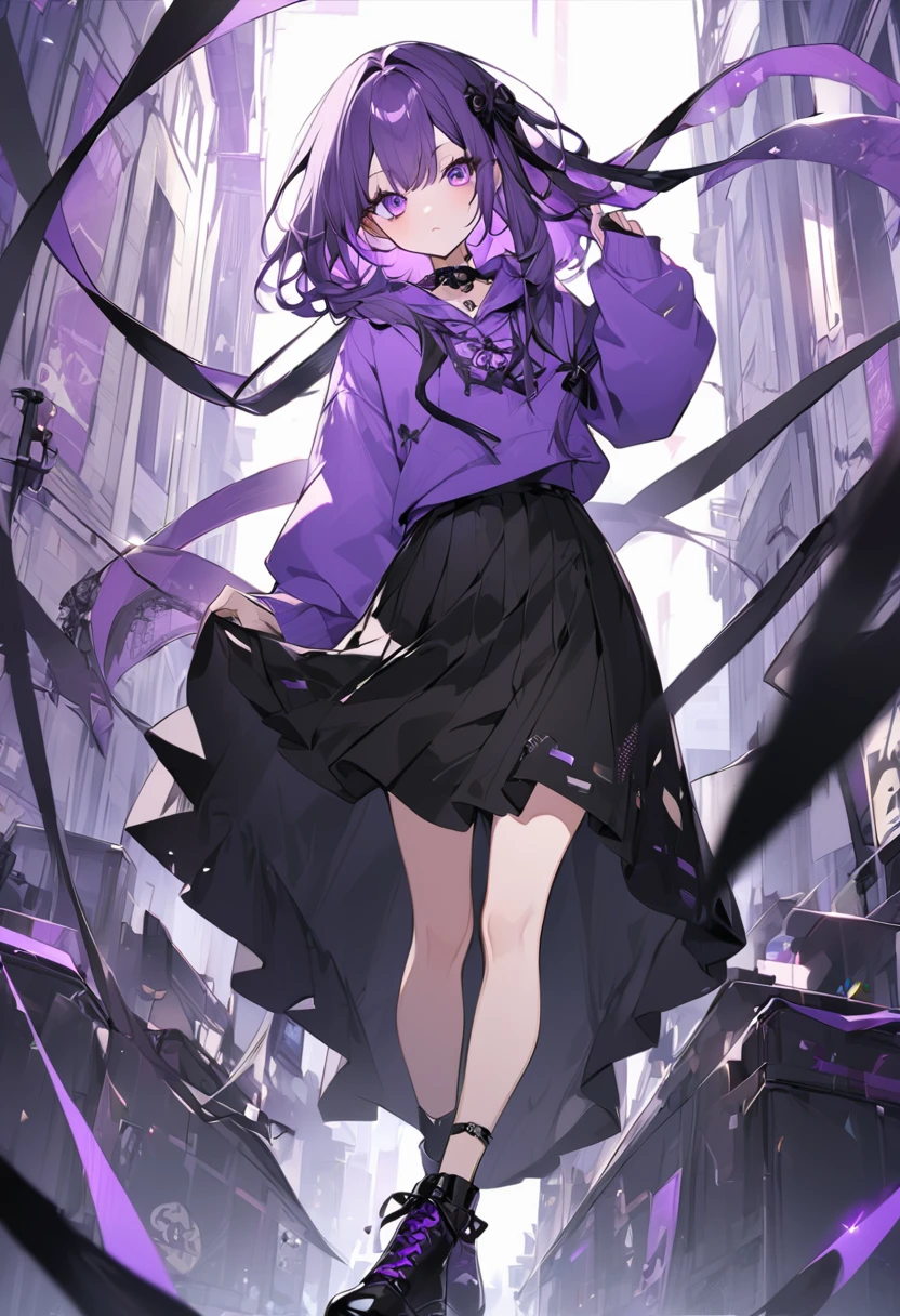 Kate。Purple Eyes。Purple Hair。Purple hoodie。Black Skirt。Black shoes下。Black shoes。Two black ribbons。