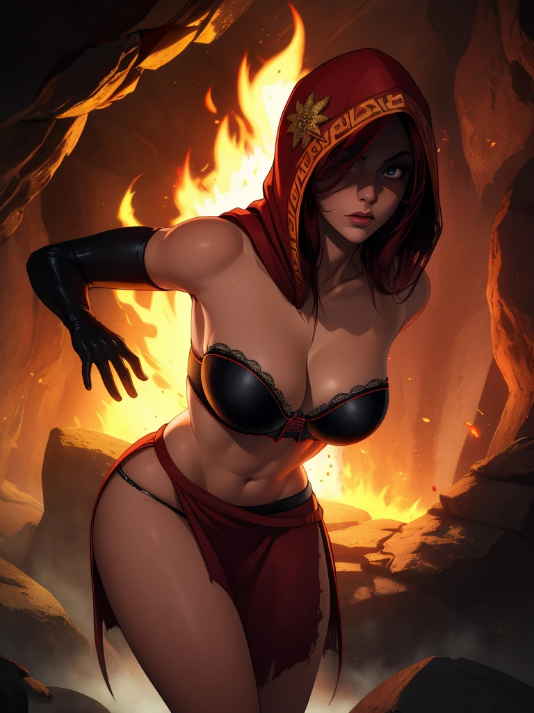 Dsorceress, redhair, shadowy face,dark cave, fire, hood, shadowed face, strapless bra, slim and athletic body, miniskirt, no panty, elbow gloves, dark skin, 1 girl (insanely detailed, masterpiece, best quality)
