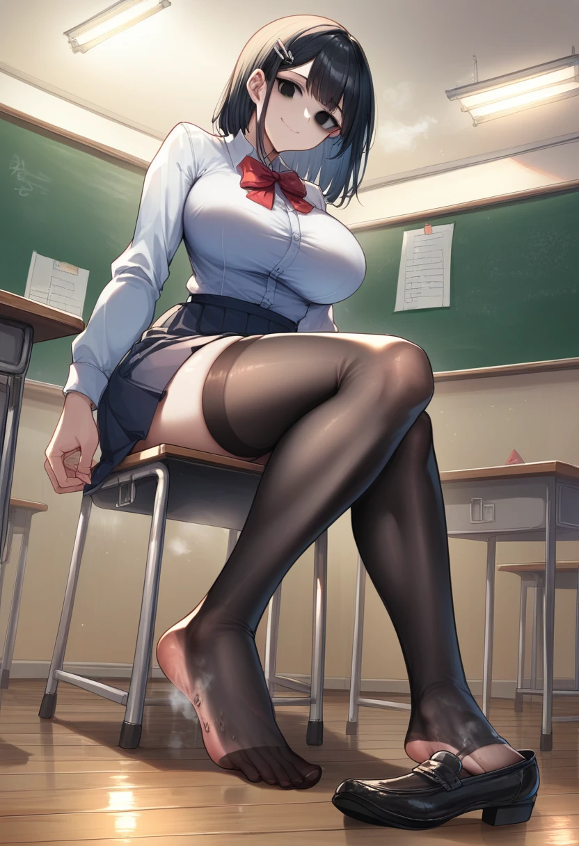 artwork, high attention to detail, well-shaped face, A girl, black eyes empty stare, with a mischievous smile, neck-length black hair, big breasts, With , sitting on a wooden chair, in front of a desk, classroom background, black stockings, taking off steam, shoes on the floor, Feet with stockings. in the stockings, a lump, A girl dentro del calcetín, shrinking woman, girl inside black sock, her breasts protrude from the fabric of the sock, whole body, focus on feet, protruding feet, in the sock, View from below