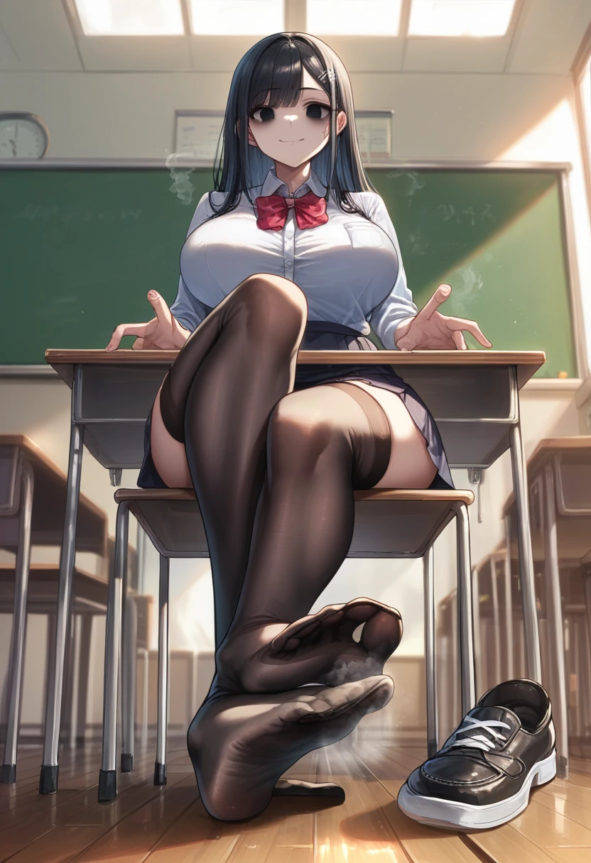 artwork, high attention to detail, well-shaped face, A girl, black eyes empty stare, with a mischievous smile, neck-length black hair, big breasts, With , sitting on a wooden chair, in front of a desk, classroom background, black stockings, taking off steam, shoes on the floor, Feet with stockings. in the stockings, a lump, A girl dentro del calcetín, shrinking woman, girl inside black sock, her breasts protrude from the fabric of the sock, whole body, focus on feet, protruding feet, in the sock, View from below
