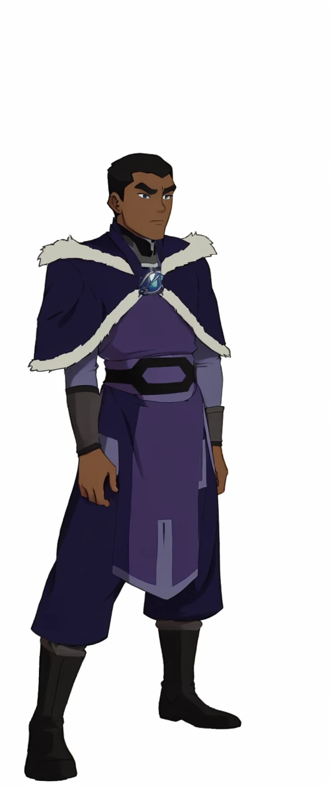 African-American, Bolin, water tribe traditional clothing mixed of blue and purple, with fur in shoulders and neck. Long sleeve, skinny, water tribe outfit. A dark blue or black high-collared sleeveless robe or tunic
A purple tabard or overtunic with lighter purple trim
A white fur-trimmed cape or cloak over the shoulders, fastened with a metal clasp
Black pants or leggings
Black boots that come up to just below the knee
A dark wristband or bracelet on one wrist
The character has dark skin, short black hair, and a serious expression. The outfit appears to be a mix of formal and practical styles, possibly indicating a character of some authority or importance in an animated series or film. The color scheme is primarily dark blues, purples, and black, with the white fur trim providing contrast.
