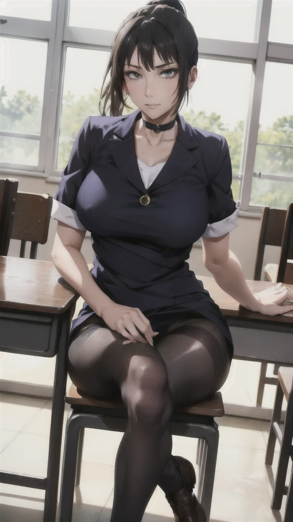 ((Correct Anatomy)),(Female student),((school uniform)),((Sailor suit)),((Lace panties)),(Mini Pleated Skirt),(((Black Pantyhose))),Ultra-high resolution,Mature Woman, Mature Woman, Very detailed,Sunburned skin,Brown Skin,((Beautiful feet)),(Big Breasts),((Beautiful legs)),Perfect hands, Detailed fingers, Beautiful details, ((Long Hair)),((ponytail)),Black Choker, Earrings,loafers,Embarrassing,Perfect Eyes, Captivating eyes