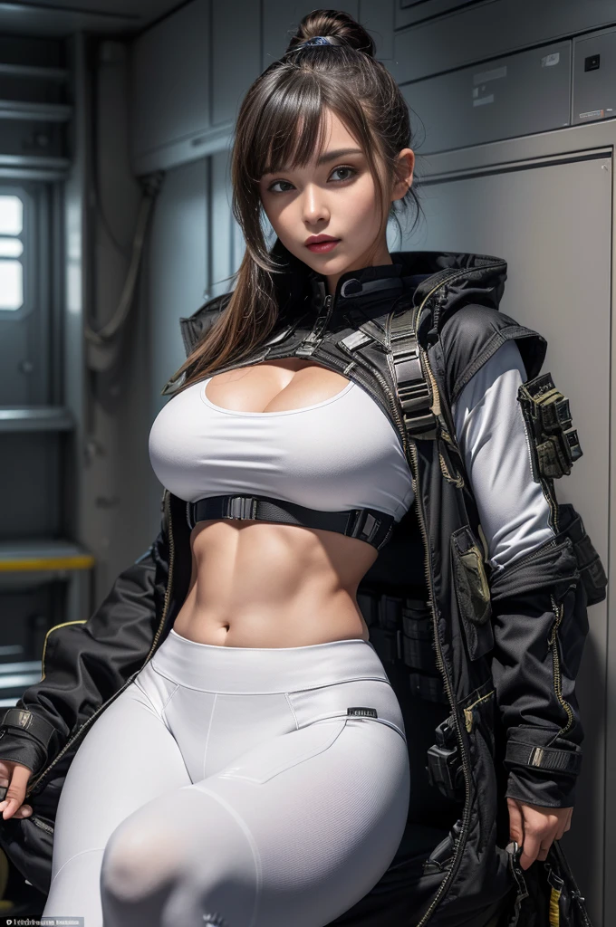 (Highest image quality, Outstanding details, Ultra-high resolution), 1 girl, Set((Futuristic military clothing inspired by white yoga pants, Military wiring harness, Military equipment,For example, military pouches, )), (Attractive figure, Curvy body, Fit body, Tight abs), background(At military bases), (Dynamic poses)