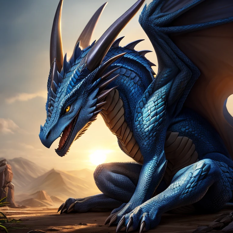 Masterpiece, high quality, feral blue dragon, wings, 2wings, hraesvelgr horns, large horns, 4horns, yellow eyes, thin, high res, soft shading, (detailed eyes), beautiful eyes, detailed face, good anatomy, detailed scales, 1tail, tail, happy expression, cinematic lighting, (realistic scales, scales, realistic scale texture), detailed background, outdoors, sunny day, hands on ground, sitting on the ground