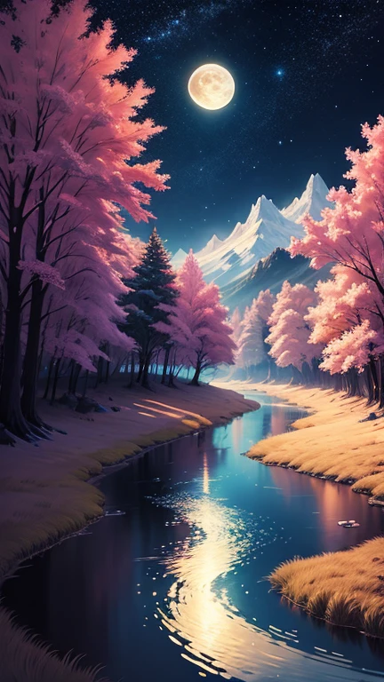 Painting of a river with stars and moon floating in the sky, Concept art inspired by Mitsuoki Tosa, pixiv Contest Winner, Highest quality, Fantasy art, Beautiful anime scene, Golden Moon. Bright Moon, Starry Sky environment under the moonlight, Dream painting, Anime Background art, Fantasy Landscape Painting, A dreamlike night, Anime Background, Background artwork, Dreamy Art, Atmospheric anime, Starry Sky, Detail enhancements.1024×576px,Comes with a stylish neochikoubou logo,