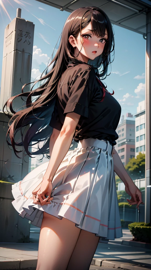 a masterpiece, best quality, highres, absurdres, 1girl, crowd, skirt, wind blowing skirt up, laced underwear, marin kitagawa, from below, revealing clothes, skindentation, outdoors, sunlight, street, looking at viewer, blush, detailed face, beautiful detailed eyes, beautiful detailed lips, extremely detailed face, long eyelashes, cinematic lighting, depth of field, volumetric lighting, photorealistic, digital painting, concept art, vibrant colors, dynamic pose