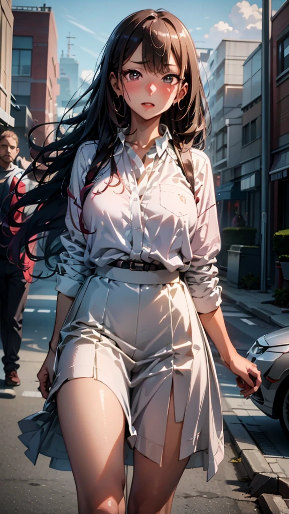 a masterpiece, best quality, highres, absurdres, 1girl, crowd, skirt, wind blowing skirt up, laced underwear, marin kitagawa, from below, revealing clothes, skindentation, outdoors, sunlight, street, looking at viewer, blush, detailed face, beautiful detailed eyes, beautiful detailed lips, extremely detailed face, long eyelashes, cinematic lighting, depth of field, volumetric lighting, photorealistic, digital painting, concept art, vibrant colors, dynamic pose