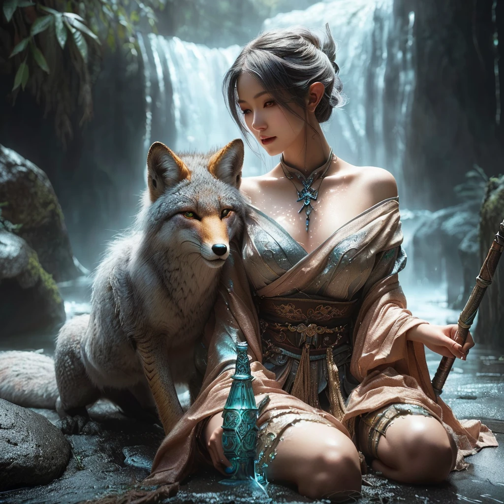 (nsfw:1.1),An elven woman sitting on the ground with a gray fox beside her, wlop and ross tran, Ross Tran and WLOP, realistic fantasy photography, Surreal fantasy art, Digital fantasy art ), Fantasy art style, Beautiful digital art, Realistic fantasy painting, trending Digital fantasy art, Realistic fantasy art, realistic fantasy render, Breathtaking fantasy art