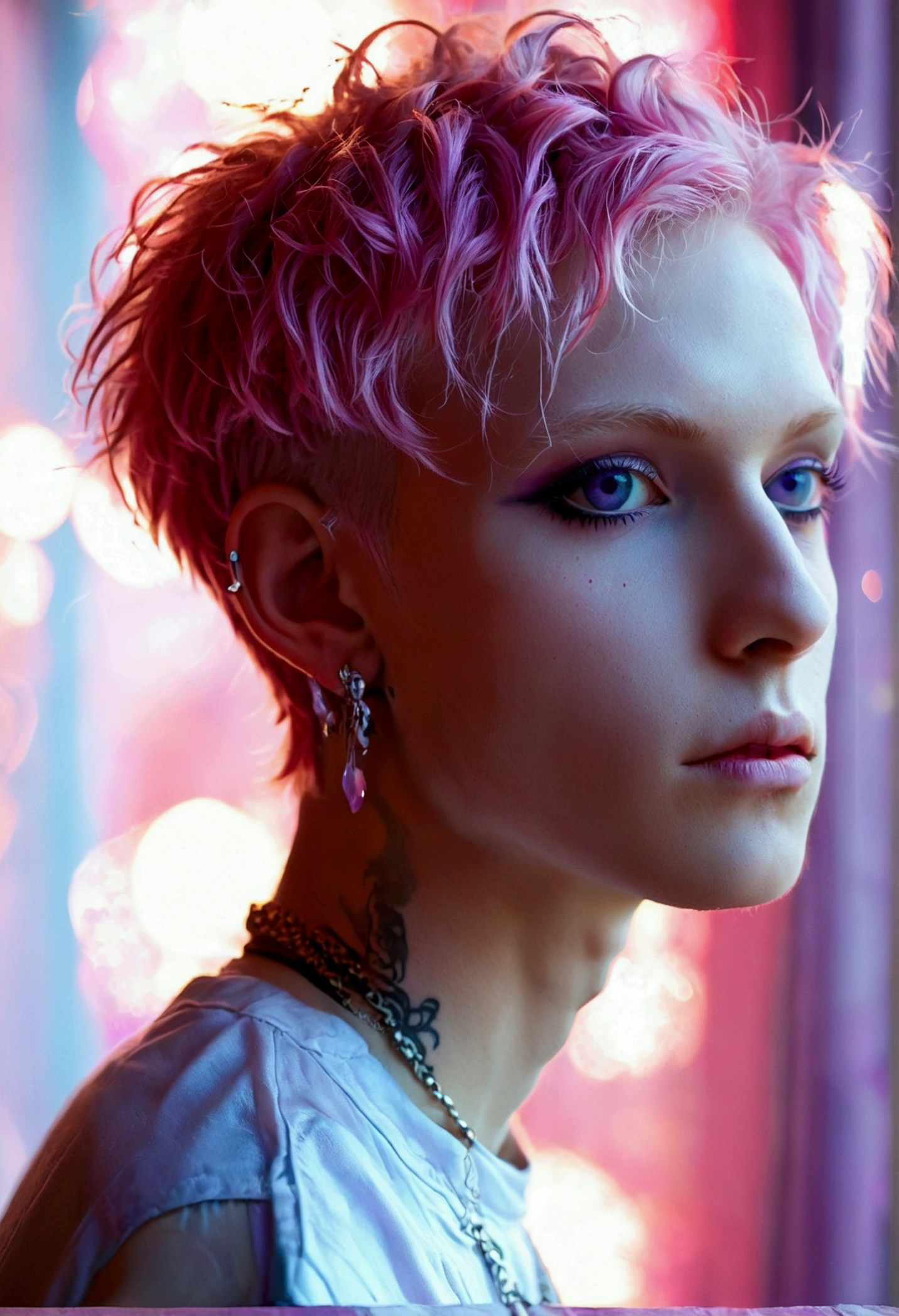 short pink hair, skinny man, pastel goth, earrings, pale skin, purple eyes