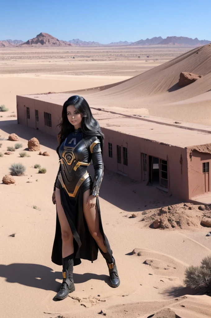 ((best quality)), desert, black sand, an abandoned building in the distance, woman, hi-tech costume, sci-fi costume
