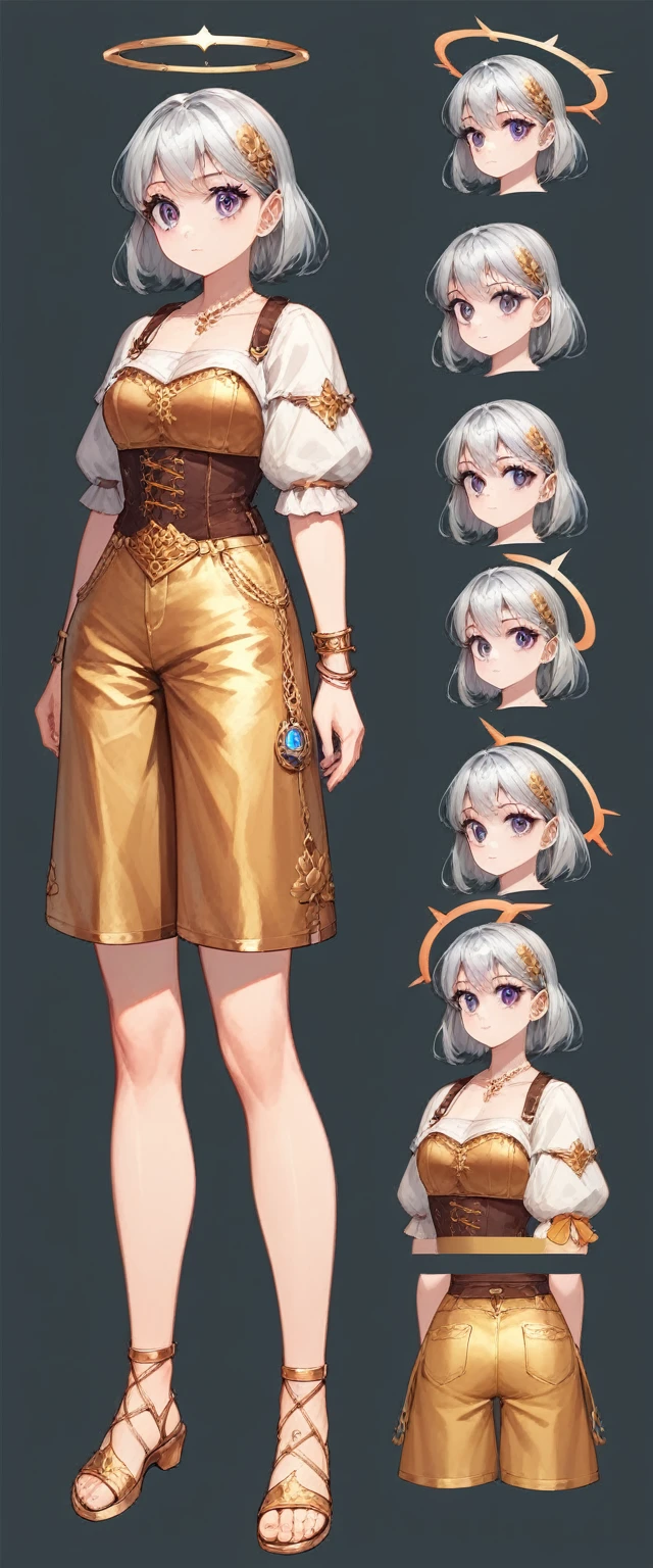 ((masterpiece)),(((Best quality))),((Character Design Sheet)), ((full body view)), ((anime style)), illustration, rainbow medieval girl, concept, halo overhead, full length, standing on my feet, Gold Shorts, gold shorts, feet in silver bracelets, dressed, beautiful big eyes, she's a hunter ,( fire crossbow in bows, gold shorts ),plain background, Clean background,