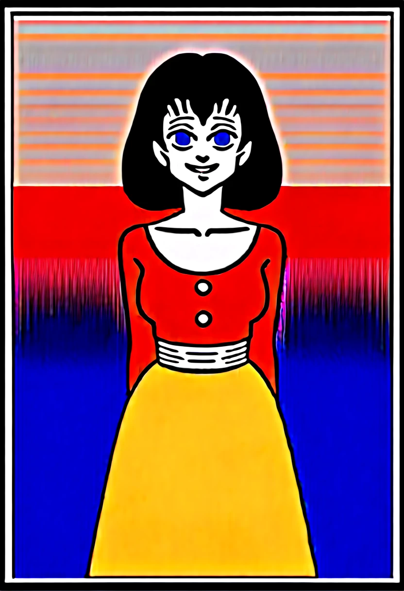 Draw a character in animated art style, with a vibrant and expressive appearance. The character must have exaggerated characteristics, like big, expressive eyes, a subtle and fun smile, and a straight posture. do not distract from the main figure. The character must be from the Kimetsu no Yaiba universe/Demon Slayer, frontal angle, animated cartoon, beautiful drawing. A female character, light blue gradient black hair, blue colored eyes, wearing a pretty dark colored skirt, haori azul, pose more at the waist, short layered hair, dark night background, night image, night filter.