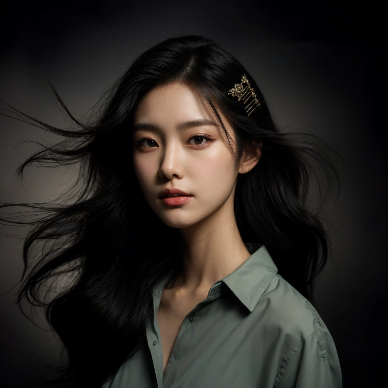 Create a portrait of a young korean woman, flowing black hair, set against a dark, smoky background. She is wearing a sage, button-up shirt and has a poised, elegant expression. The woman has a hairpin with intricate designs in her hair, adding a touch of sophistication to her look. The lighting is soft and dramatic, highlighting her facial features and creating a sense of depth and mystery in the composition.