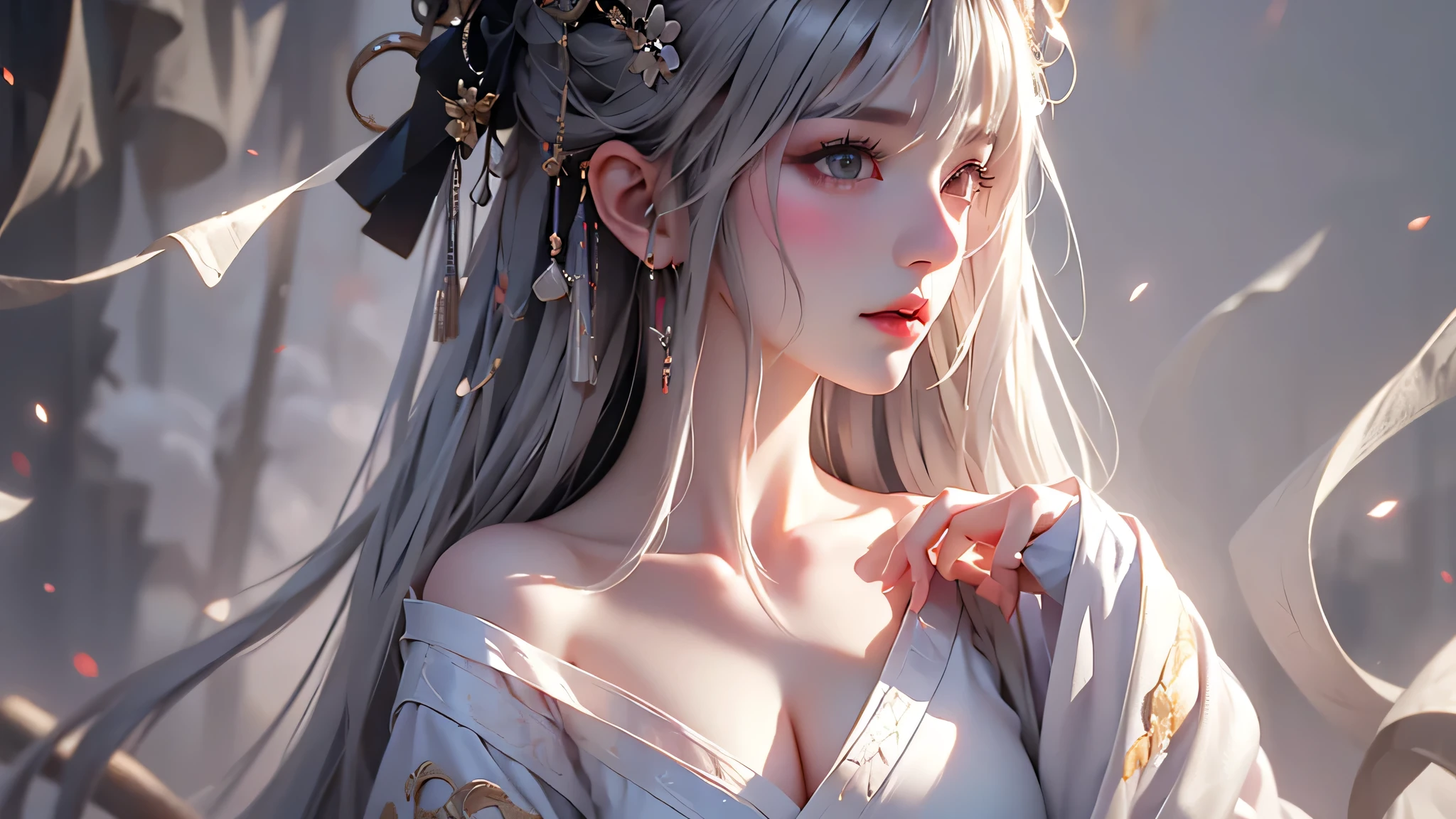 super high quality, masterpiece, Perfect illustration, Very detailed (Exquisite light and shadow, Very dramatic photo,Backlight) , ((Gray Hair:1.5))1 Girl,(( alone:1.6)), (Wearing Han clothes, Black and white Hanfu,Monotony,Long sleeve) (White smoke:1.3) (Realistic:1.4), Official Art, unity 8k wallpaper, Very detailed, Beautiful and beautiful, masterpiece, Highest quality, (Dynamic Angle: 1.4), Glowing Skin, (Floating colorful flashes: 1) The most beautiful chaotic shapes, elegant, Brutalist Design, Bright colors, Romantic Depth of Field Exotic_dance, half_naked、Expose your shoulders、Ample breasts、Great cleavage、Lean forward