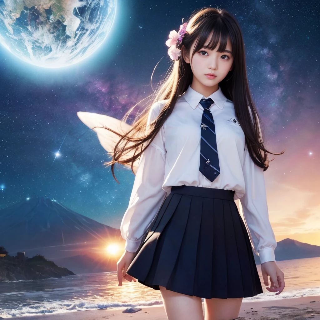 Beautiful images、universe、Fantasy、Shooting start or swarm、Teenage Girl、black eye、Hair length、Starry Sky、Japanese、high school girl、camisole、Fluttering mini skirt、