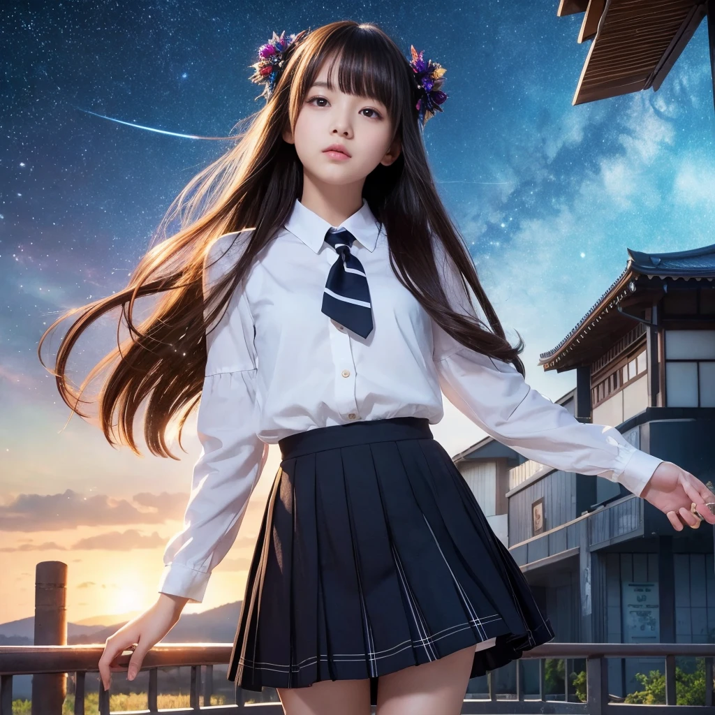 Beautiful images、universe、Fantasy、Shooting start or swarm、Teenage Girl、black eye、Hair length、Starry Sky、Japanese、high school girl、camisole、Fluttering mini skirt、