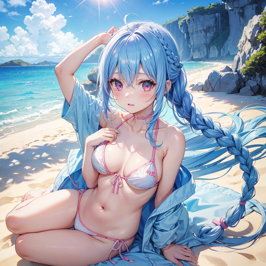 (Sky blue hair),(Braided hair tied together)、Pink eyes、Fair skin、(whole body)、(One Girl)、bikini、Shining white sand beach in midsummer、Okinawa&#39;s ocean、A happy smile、、(masterpiece、Highest quality、Very detailed、Best Shadow)、(Detailed Background)、(Beautifully detailed face)、High contrast、(Best lighting、Very delicate and beautiful)、((Cinematic Light))、colorful、Hyper Detail、Dramatic Light、Exquisite detail、Jumping and having fun