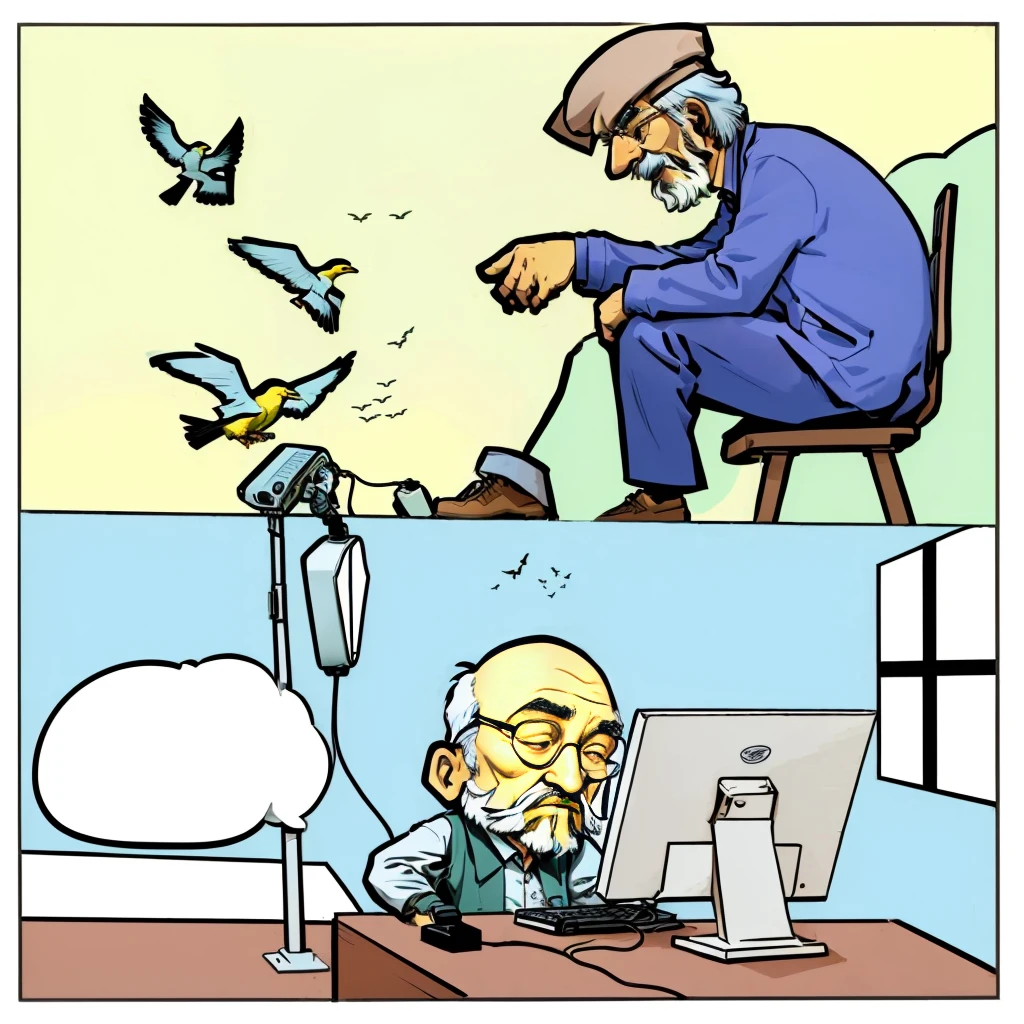 cartoon of a man sitting at a desk with a computer and birds flying around him, an old man with 7 yellow birds, technological anguish, old man doing hard work, humorous illustration, holding electricity and birds, moebius comic style, technology vs nature, comic illustration, drawn with photoshop, old internet art, inspired by Zygmunt Vogel